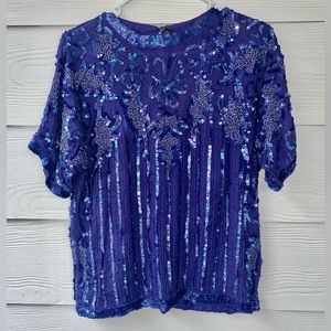 Carolyne Barton vintage blue silk sequin embellished blouse Top medium